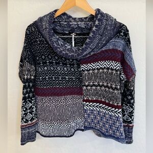 Free People Patchwork Small Cowl Sweater — Navy, Black, Burgundy Boho Knit Cozy